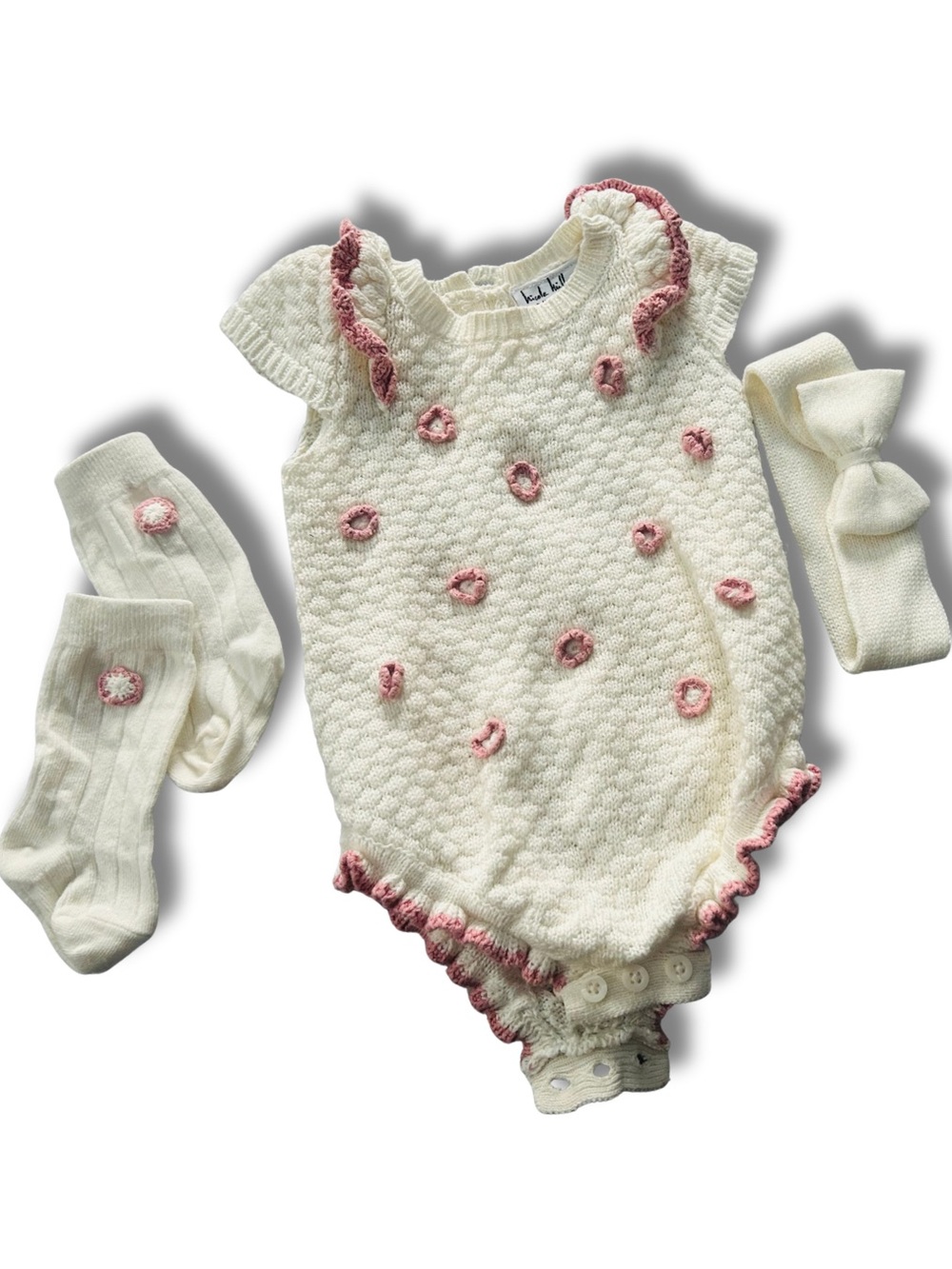 Nicole Miller Cream Knit Baby One-Piece with Pink Trim